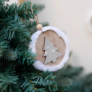Rustic wood Christmas ornament with silver glitter tree and white faux fur trim