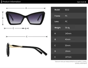 Detailed size specifications for PC frame cat eye sunglasses showing temple length and width