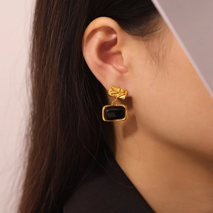 British vintage square earrings with gold pleated texture and black glass inlay