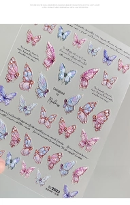 Macro detail of 3D embossed butterfly nail stickers with colorful aurora laser finish