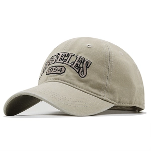 Retro washed khaki baseball cap with Los Angeles 1994 embroidery in a 45-degree view