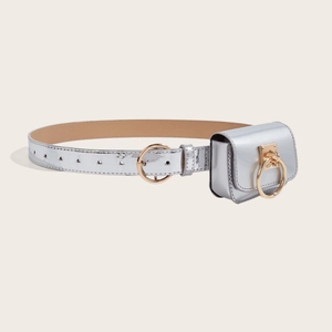 Detail of silver metallic leather waist bag with a decorative gold metal ring buckle