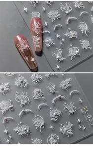 5D embossed nail stickers featuring white roses, butterflies and iridescent pearls