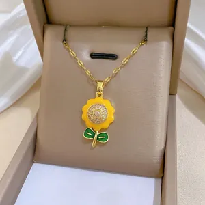 Titanium sunflower necklace set with yellow petals and brilliant pavé crystal centerpiece