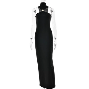 Elegant black halter neck maxi dress with gold metal ring detail and high side slit