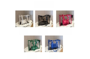 Detail view of transparent PVC tote bags with colored rivets and inner drawstring pouches