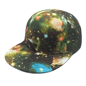 Flat brim snapback hat featuring a vibrant galaxy star print in a street hip-hop style