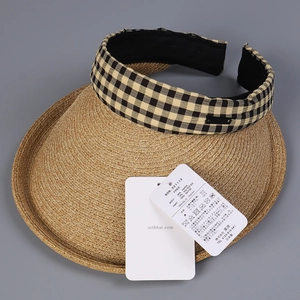 Women's straw sun visor hat with plaid band trim and wide brim for sun protection