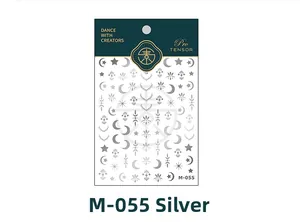 Detailed view of silver embossed nail stickers with moon and starry celestial patterns