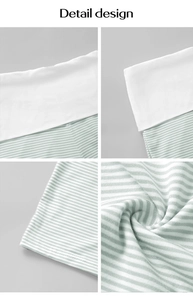 Detail shots of elastic waistband and green striped fabric texture on casual trousers