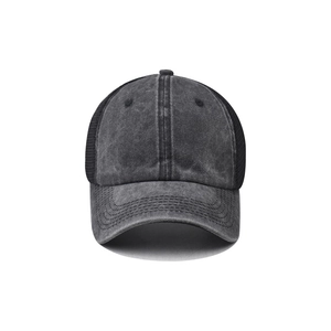 Front view of washed dark grey cotton baseball cap with breathable black mesh back