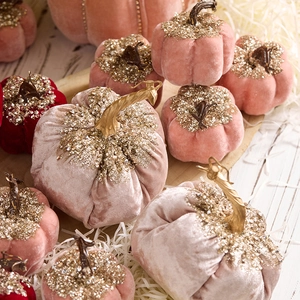 Pink velvet pumpkin decor with gold sequins for Christmas and tabletop display