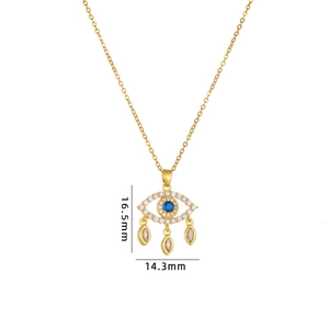 Gold Evil Eye dreamcatcher necklace with blue center stone and white accents, 16.5mm size