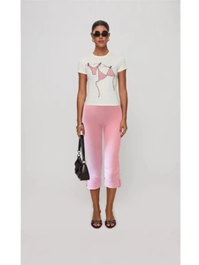 Women's casual pink cropped flare pants with a high elastic waist and stylish split hems