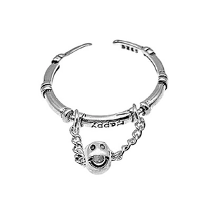 S925 silver plated ring with Happy engraving and smiley face pendant on chain