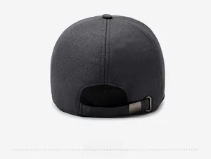 Detail view of the back of a men's winter baseball cap with adjustable metal buckle strap