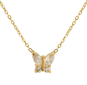 Detail of a gold butterfly pendant necklace with sparkling cubic zirconia on an O-chain