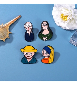 Detailed set of four cartoon enamel pins featuring famous art parodies on blue background