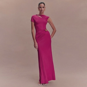 Elegant Single Shoulder Maxi Dress Ruched Backless Slim Fit Evening Gown With Golden Flower Pin Sexy Solid Color Polyester