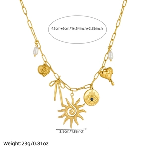 Gold stainless steel paperclip necklace with evil eye and heart charms, 42cm length