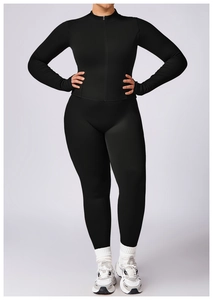 Front view of women's black compression yoga set with full-zip jacket and high-waist leggings