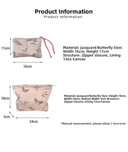 Detailed size chart for butterfly jacquard shoulder bags showing dimensions and fabric specs