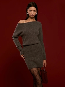 Elegant dark grey off-shoulder knit top and skirt set for women in autumn winter
