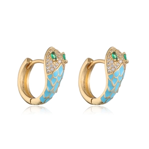 Detail of snake drop earrings with blue enamel and green zircon eyes on gold plating