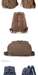 Detail view of vintage canvas backpack with metal buckles and leather trim details