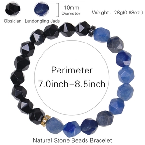 10mm faceted blue agate and obsidian beaded bracelet with micro zircon paved metal ring