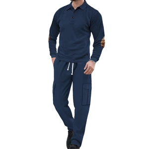 Men's casual long-sleeved navy polo two-piece set with cargo pants and elbow patches