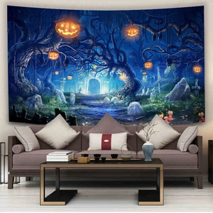 Halloween tapestry with 3D spooky pumpkin and forest scene for dorm wall decoration