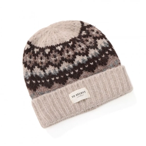 Retro Fair Isle knit beanie hat with brown geometric patterns and ribbed cuff