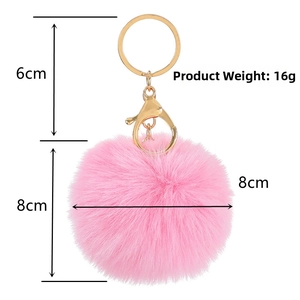 Pink plush unicorn keychain detail showing 8cm faux fur ball and 6cm gold metal clasp