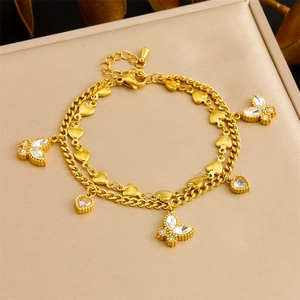 Double Layer Stainless Steel Bracelet With Butterfly And Heart Rhinestone Pendants Adjustable Elegant Jewelry For Women