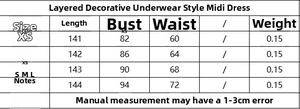 Detailed size chart for tiered bustier midi dress showing measurements in centimeters