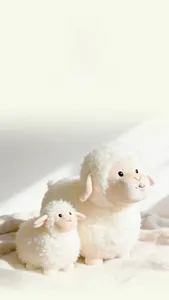 Close-up of white plush sheep toy set featuring soft curly fur and pink fabric details