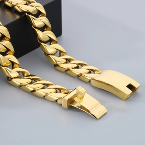 Polished 12mm golden stainless steel Cuban link necklace with heavy-duty clasp