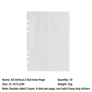 Detailed size chart for A5 6-ring PVC binder sleeves showing 21.1x15.2cm dimensions