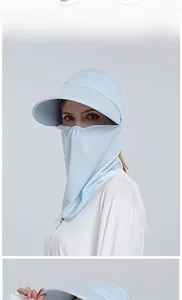 Detail of light blue breathable mesh fabric on sun hat with face mask and neck cover
