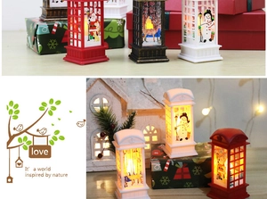 Gedetailleerde weergave van decoratieve LED-kerstlantaarns met kerstman- en sneeuwmanpatronen