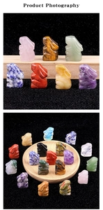 Close-up of assorted hand-carved natural crystal rabbit figurines in various gemstones