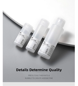 Three translucent plastic squeeze travel bottles in 30ml 50ml and 100ml sizes