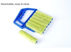 Microfiber blind cleaner with 7 detachable rollers and ergonomic blue handle for easy washing