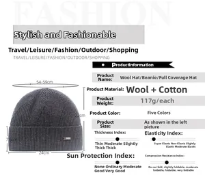 Guide des tailles pour bonnet en laine avec dimensions 54-59cm et détails du matériau