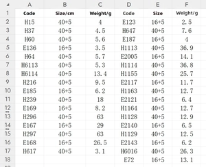 Size chart showing product codes, dimensions in cm and weight in grams for necklaces