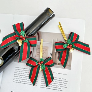 Christmas Bows Decorations With Gold Bell Berries Holly Leaves Striped Ribbon For Holiday Gift Wrapping Tree Decor