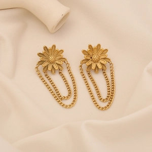 Elegant gold daisy flower stud earrings with long metal chain tassels in a minimal setting
