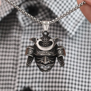 Vintage punk samurai helmet pendant necklace for men with retro black finish detail