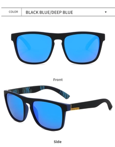 Polarized sunglasses with matte black frames and deep blue mirrored lenses, front and side view